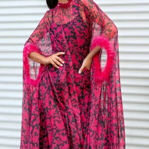 Kate Hewko Sheer Hot Pink Long-Sleeve Cape Dress with Feather-Trim
